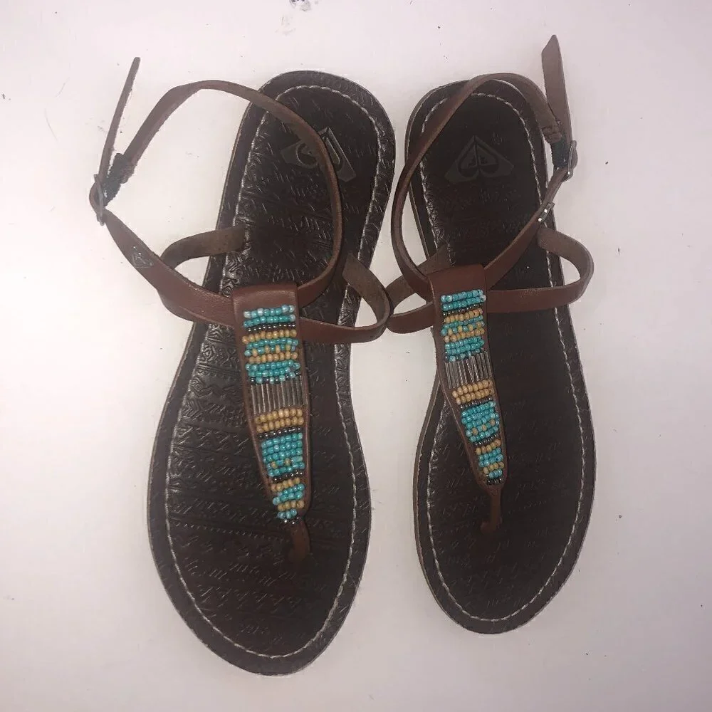 Roxy Sandals T-Strap Women's Size 7/7.5 Brown Multicolor Beading Leather